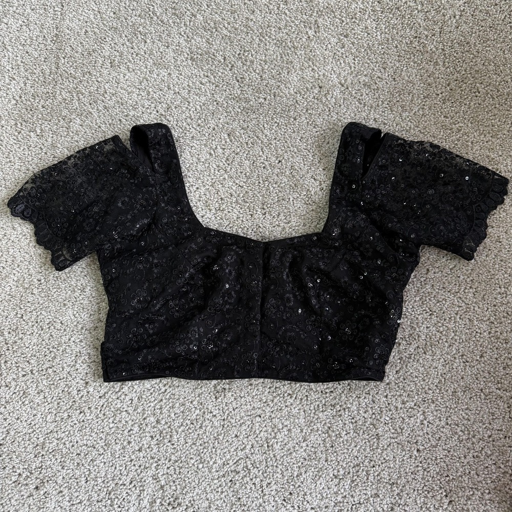 Craft Stitch Blouse Womens Small Black Lace Sequin Floral Crop Top Short Sleeve